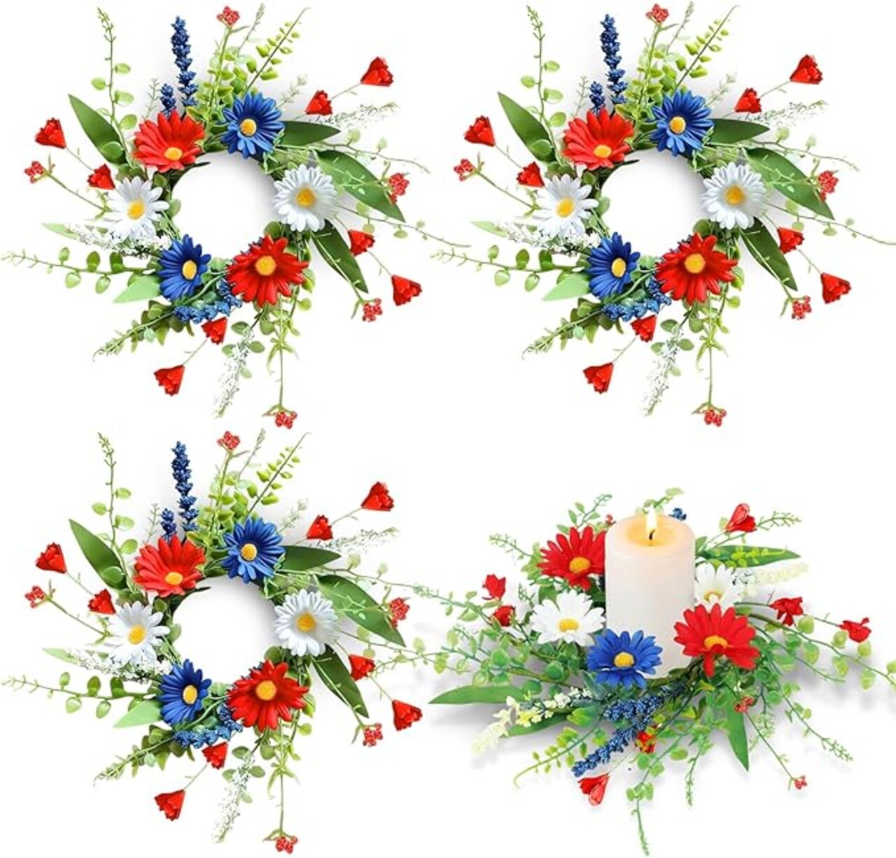 4pcs 4th of July Candle Ring Wreaths - Patriotic American Daisy Floral Holders for Independence Day Table Decor & Memorial Day Centerpieces
